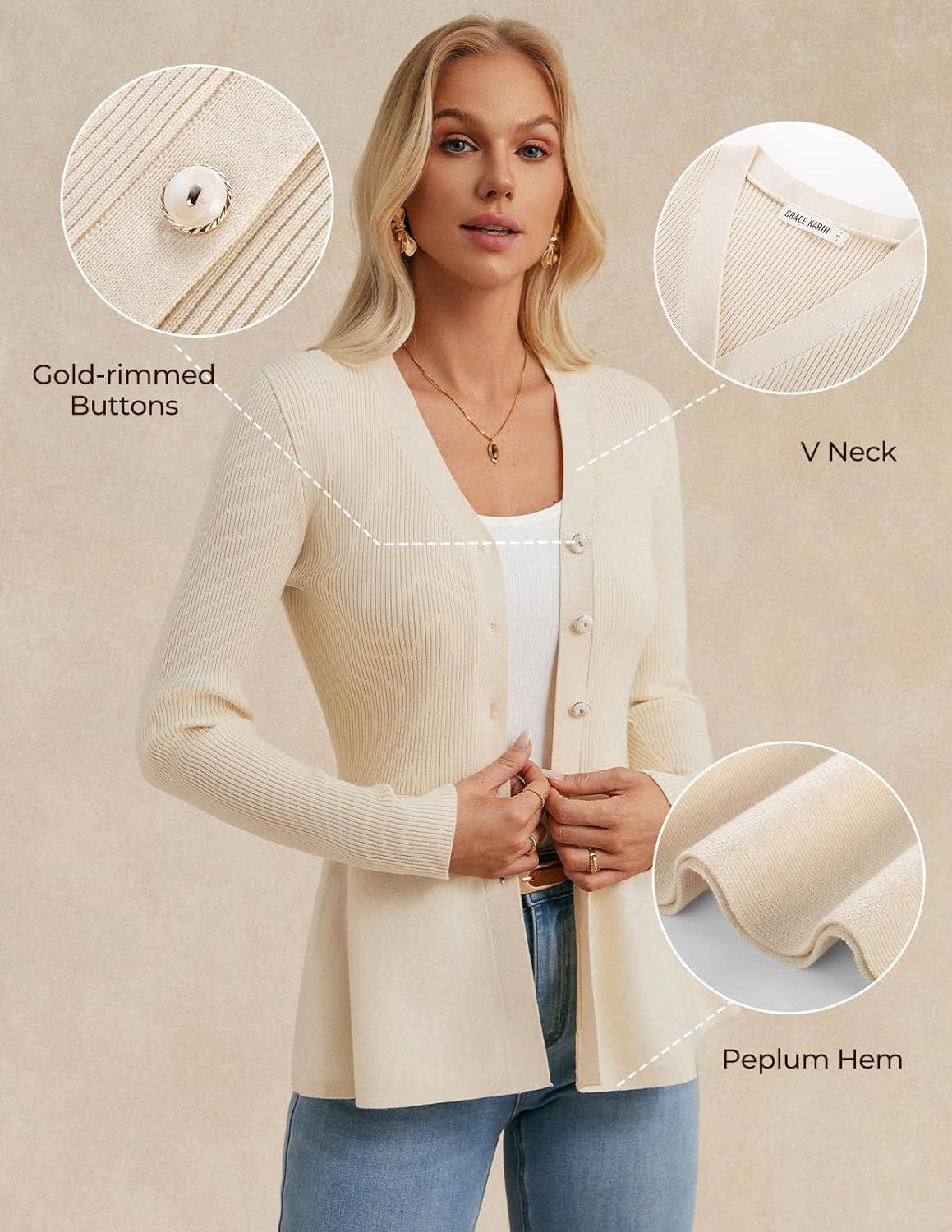 imageGRACE KARIN Long Sleeve Cardigan Sweaters for Women Button Up Knit Blazer Lightweight Business Casual Peplum TopsBeige
