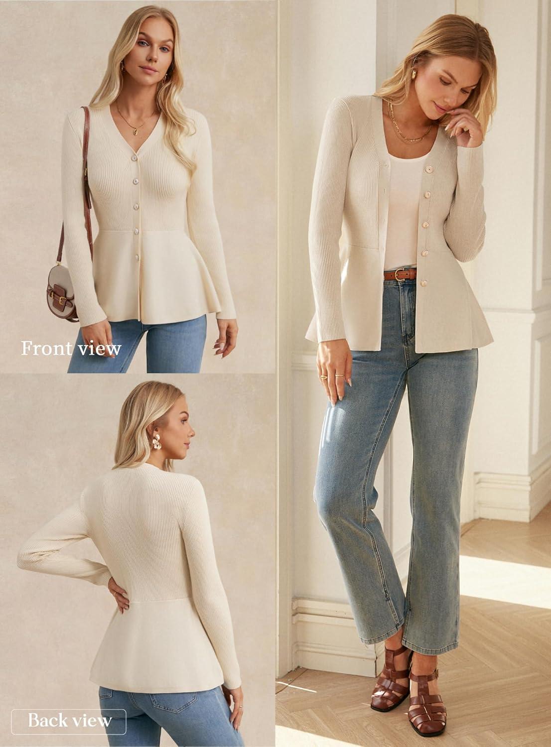 imageGRACE KARIN Long Sleeve Cardigan Sweaters for Women Button Up Knit Blazer Lightweight Business Casual Peplum TopsBeige