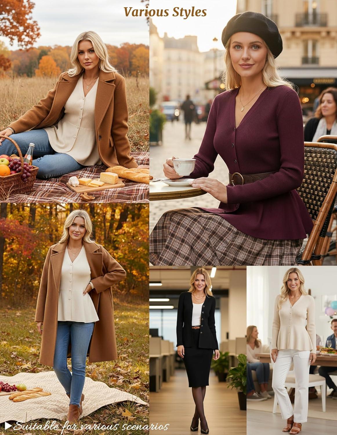 imageGRACE KARIN Long Sleeve Cardigan Sweaters for Women Button Up Knit Blazer Lightweight Business Casual Peplum TopsBlack