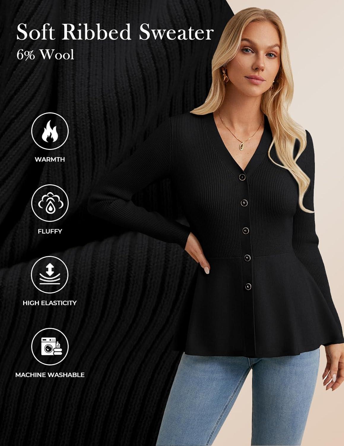 imageGRACE KARIN Long Sleeve Cardigan Sweaters for Women Button Up Knit Blazer Lightweight Business Casual Peplum TopsBlack