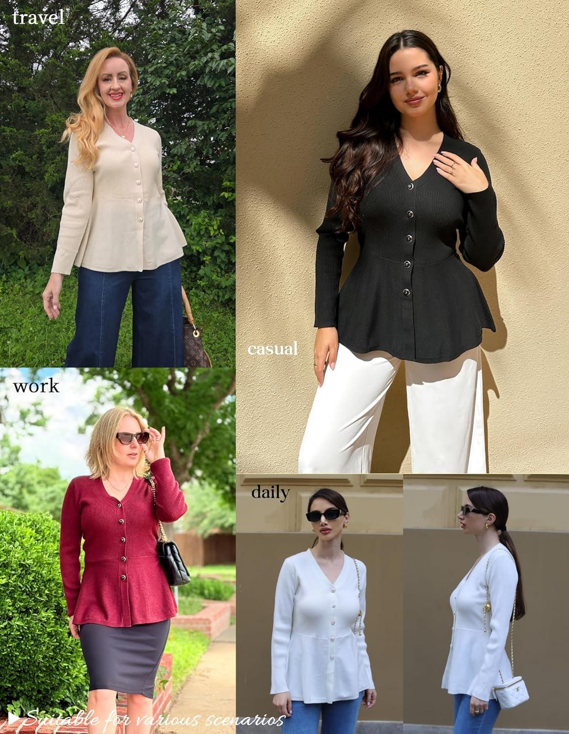 imageGRACE KARIN Long Sleeve Cardigan Sweaters for Women Button Up Knit Blazer Lightweight Business Casual Peplum TopsBlack