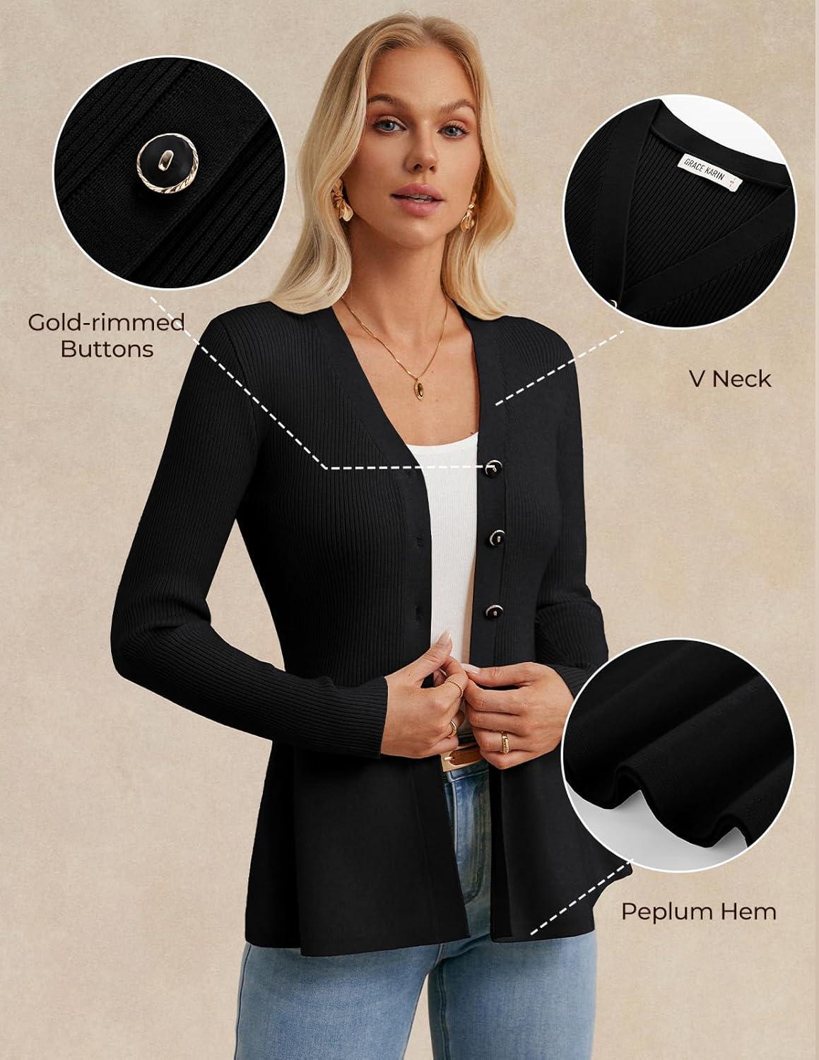 imageGRACE KARIN Long Sleeve Cardigan Sweaters for Women Button Up Knit Blazer Lightweight Business Casual Peplum TopsBlack