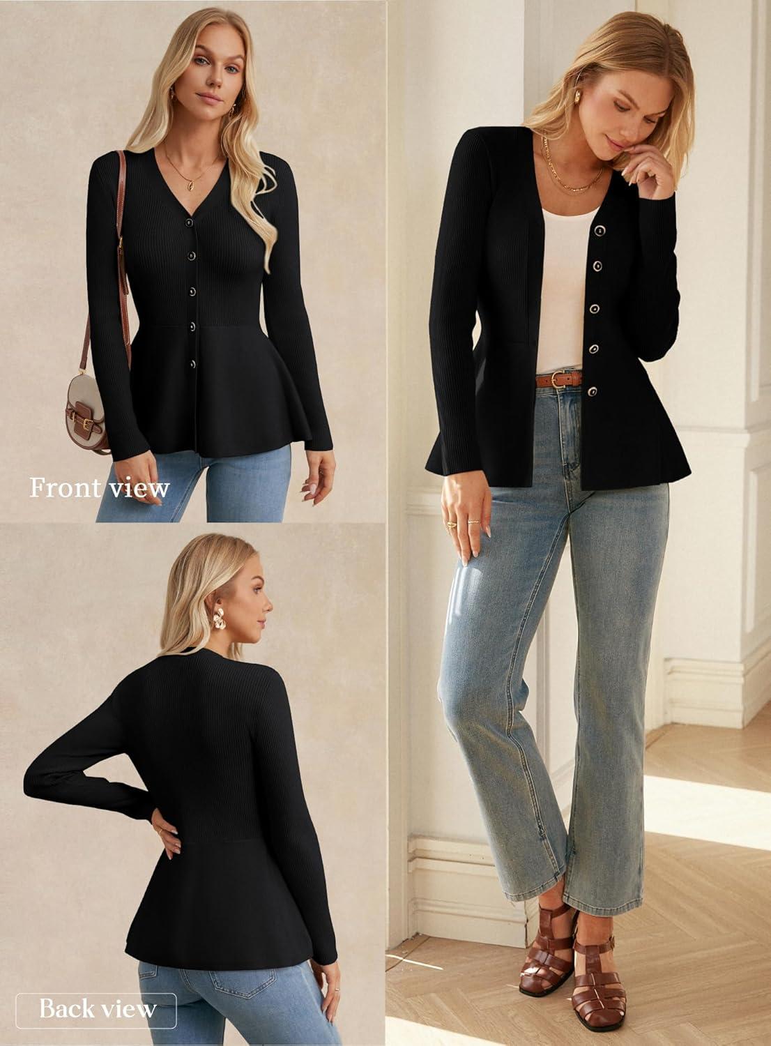 imageGRACE KARIN Long Sleeve Cardigan Sweaters for Women Button Up Knit Blazer Lightweight Business Casual Peplum TopsBlack