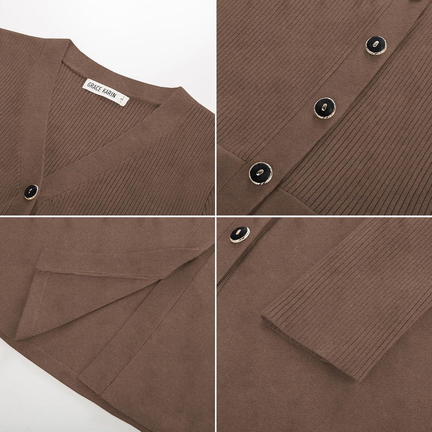 imageGRACE KARIN Long Sleeve Cardigan Sweaters for Women Button Up Knit Blazer Lightweight Business Casual Peplum TopsBrown