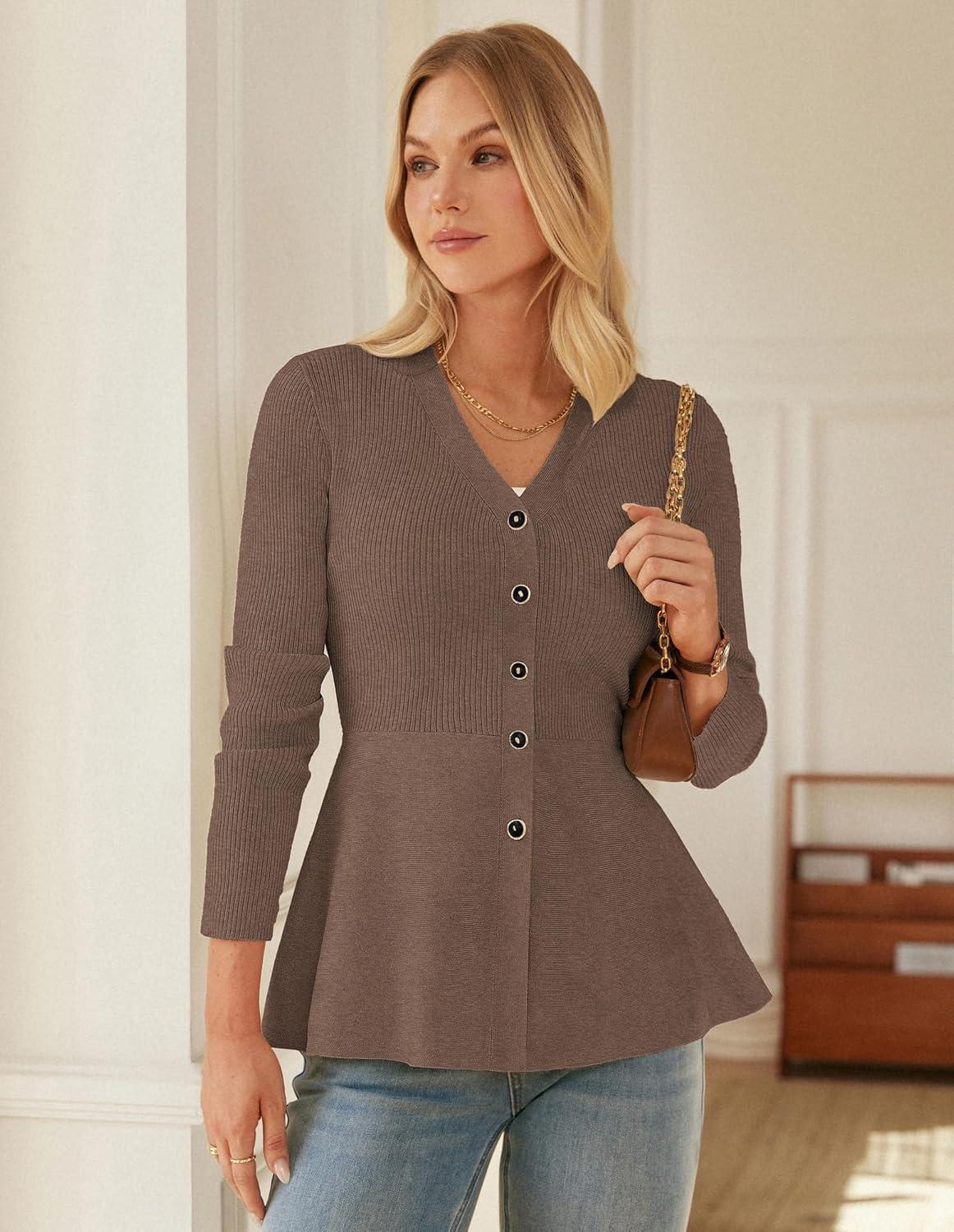 imageGRACE KARIN Long Sleeve Cardigan Sweaters for Women Button Up Knit Blazer Lightweight Business Casual Peplum TopsBrown