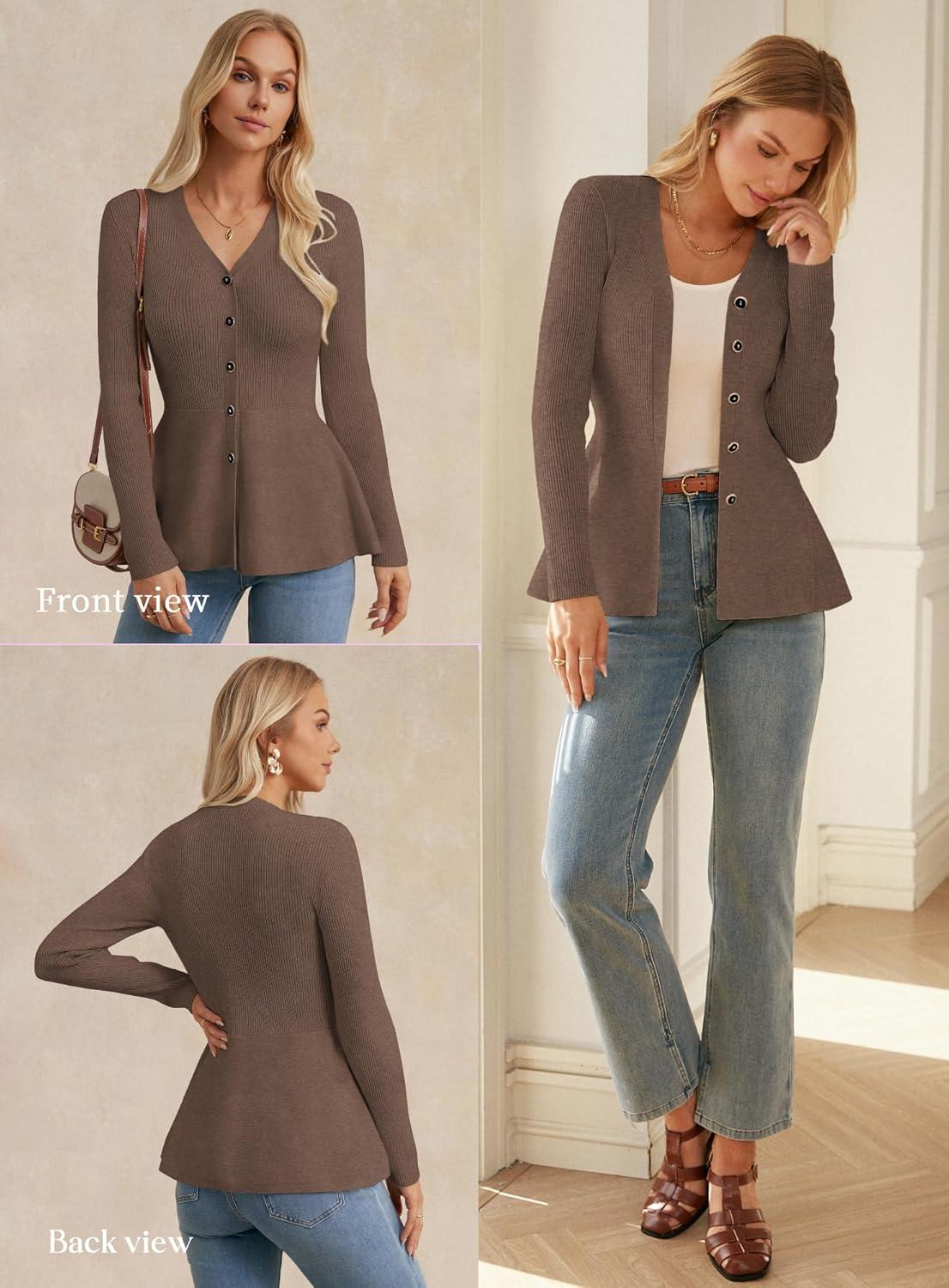 imageGRACE KARIN Long Sleeve Cardigan Sweaters for Women Button Up Knit Blazer Lightweight Business Casual Peplum TopsBrown