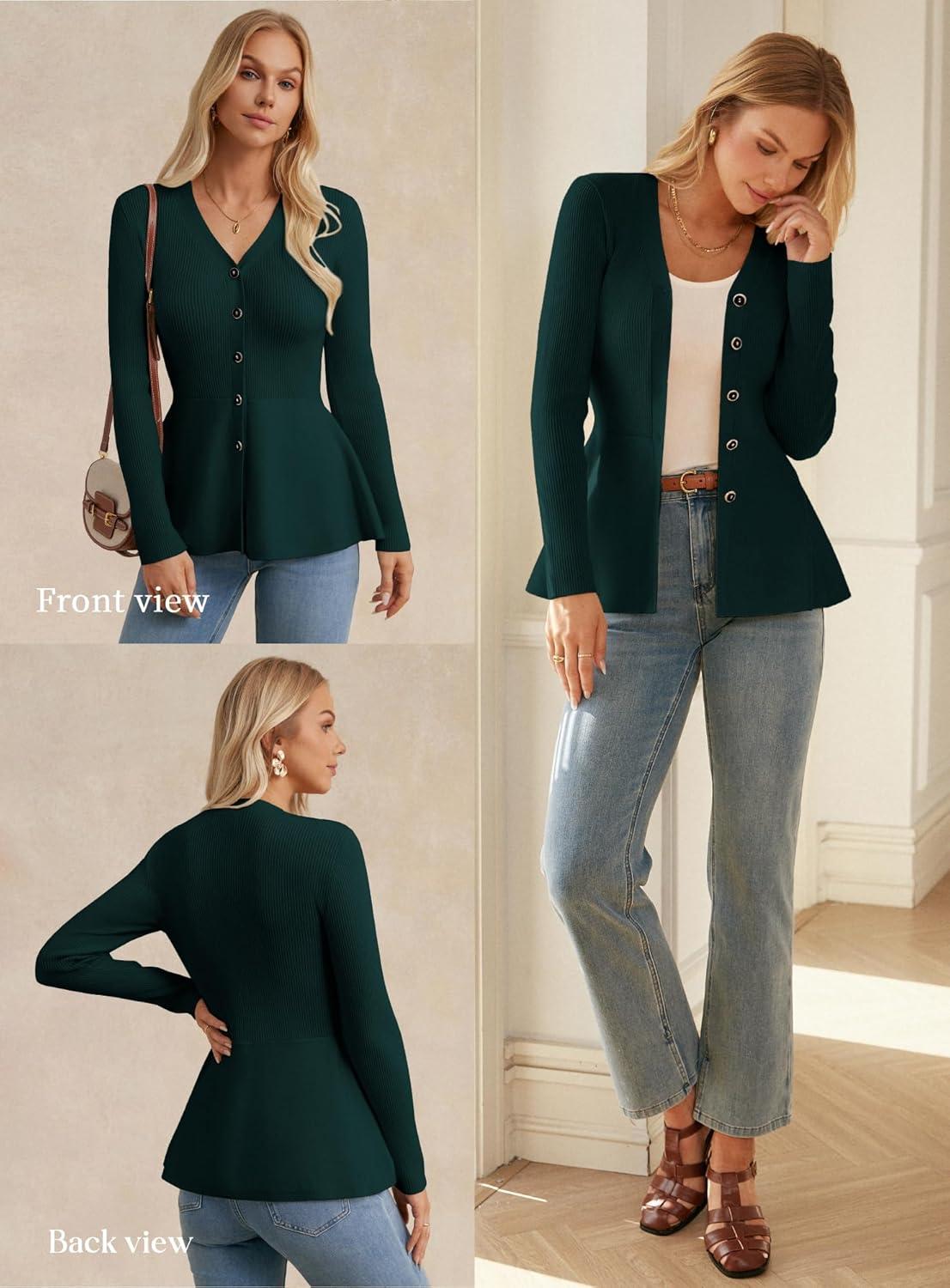 imageGRACE KARIN Long Sleeve Cardigan Sweaters for Women Button Up Knit Blazer Lightweight Business Casual Peplum TopsDark Green