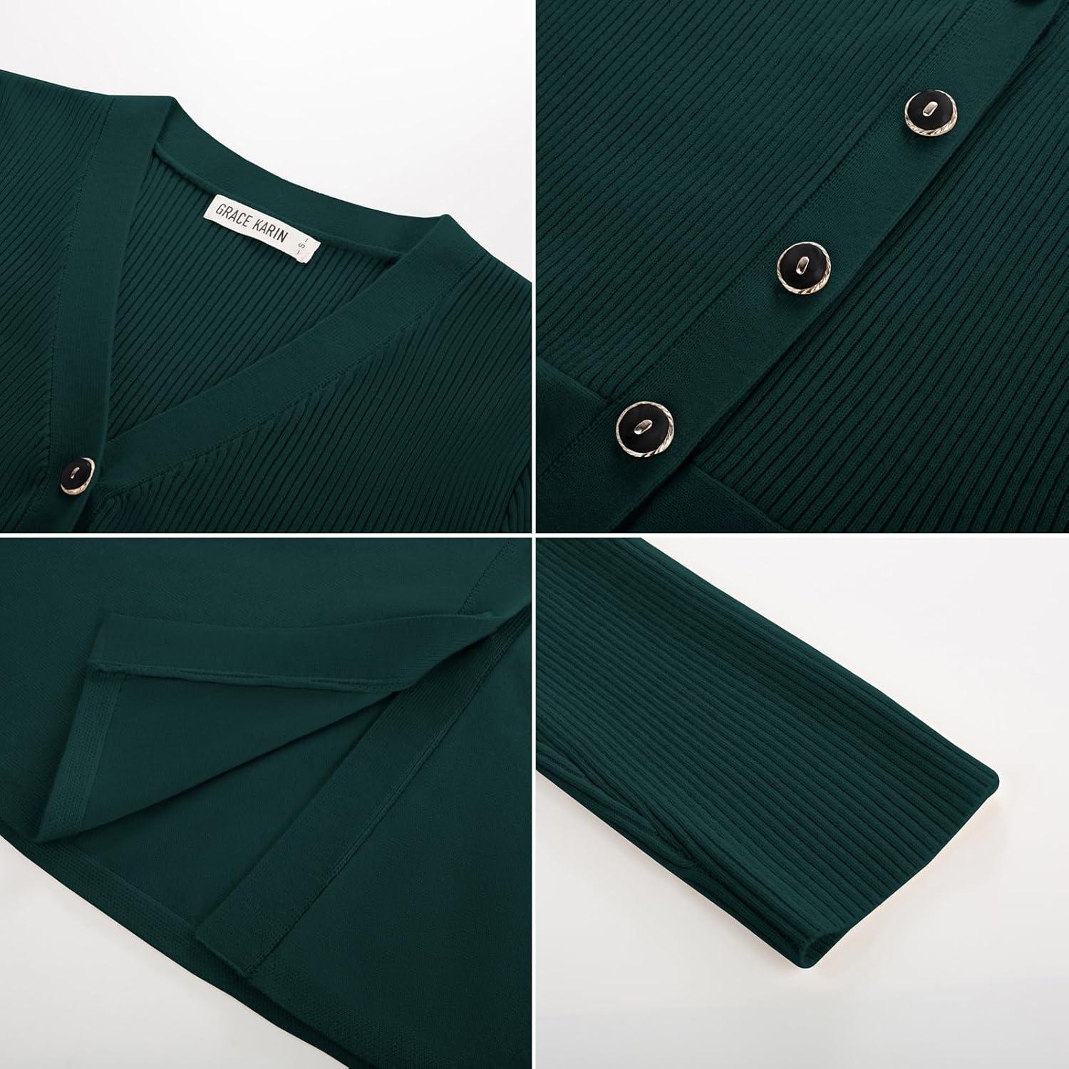 imageGRACE KARIN Long Sleeve Cardigan Sweaters for Women Button Up Knit Blazer Lightweight Business Casual Peplum TopsDark Green