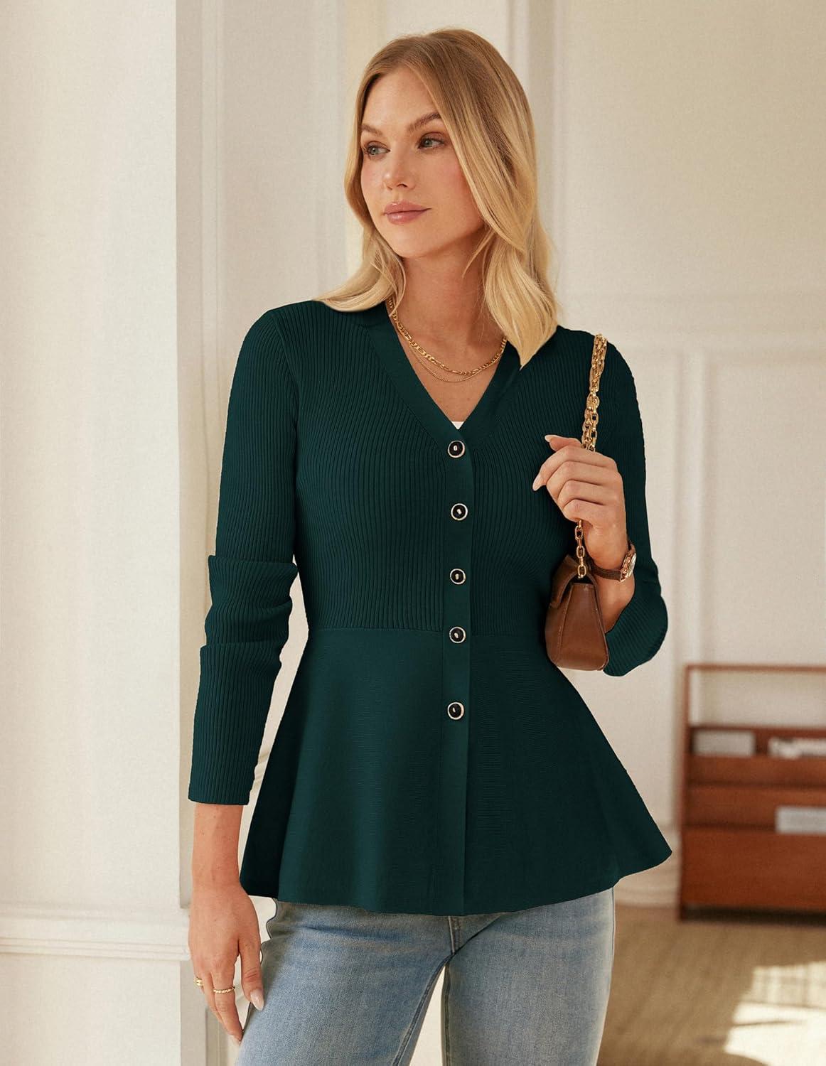 imageGRACE KARIN Long Sleeve Cardigan Sweaters for Women Button Up Knit Blazer Lightweight Business Casual Peplum TopsDark Green