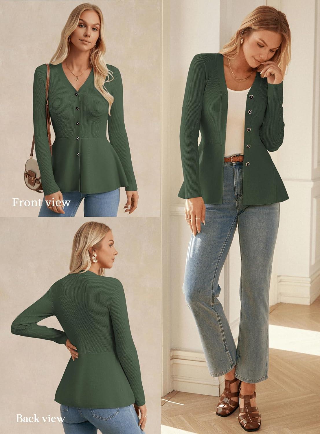 imageGRACE KARIN Long Sleeve Cardigan Sweaters for Women Button Up Knit Blazer Lightweight Business Casual Peplum TopsGreen
