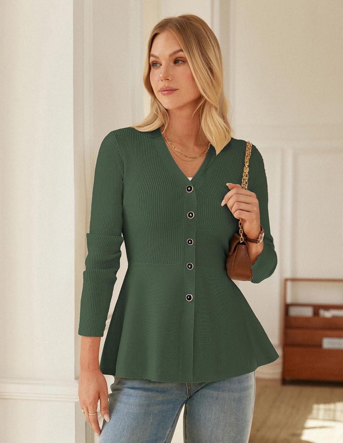imageGRACE KARIN Long Sleeve Cardigan Sweaters for Women Button Up Knit Blazer Lightweight Business Casual Peplum TopsGreen