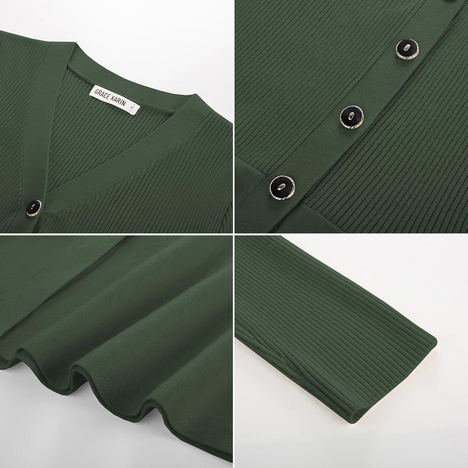 imageGRACE KARIN Long Sleeve Cardigan Sweaters for Women Button Up Knit Blazer Lightweight Business Casual Peplum TopsGreen