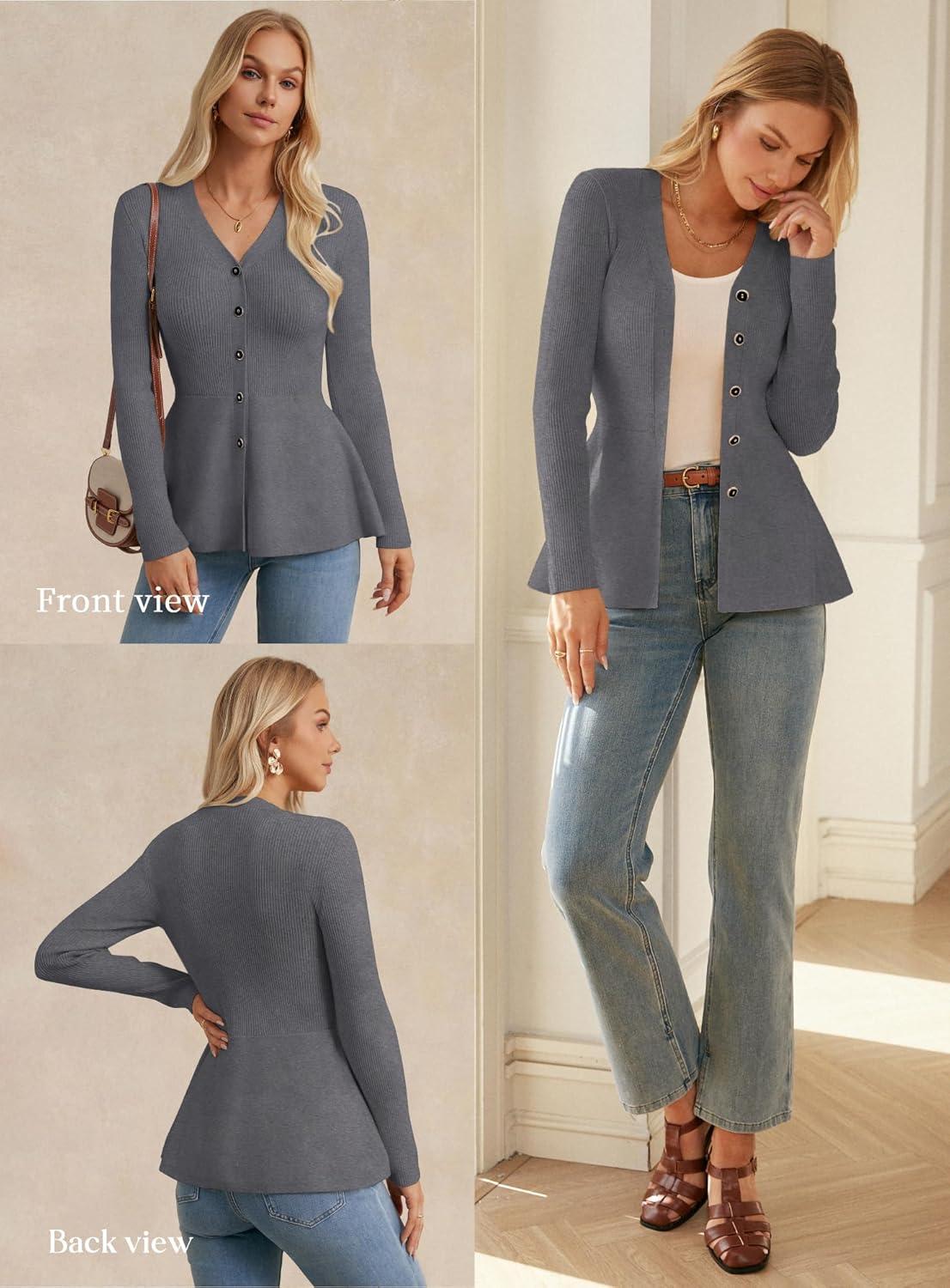 imageGRACE KARIN Long Sleeve Cardigan Sweaters for Women Button Up Knit Blazer Lightweight Business Casual Peplum TopsGrey