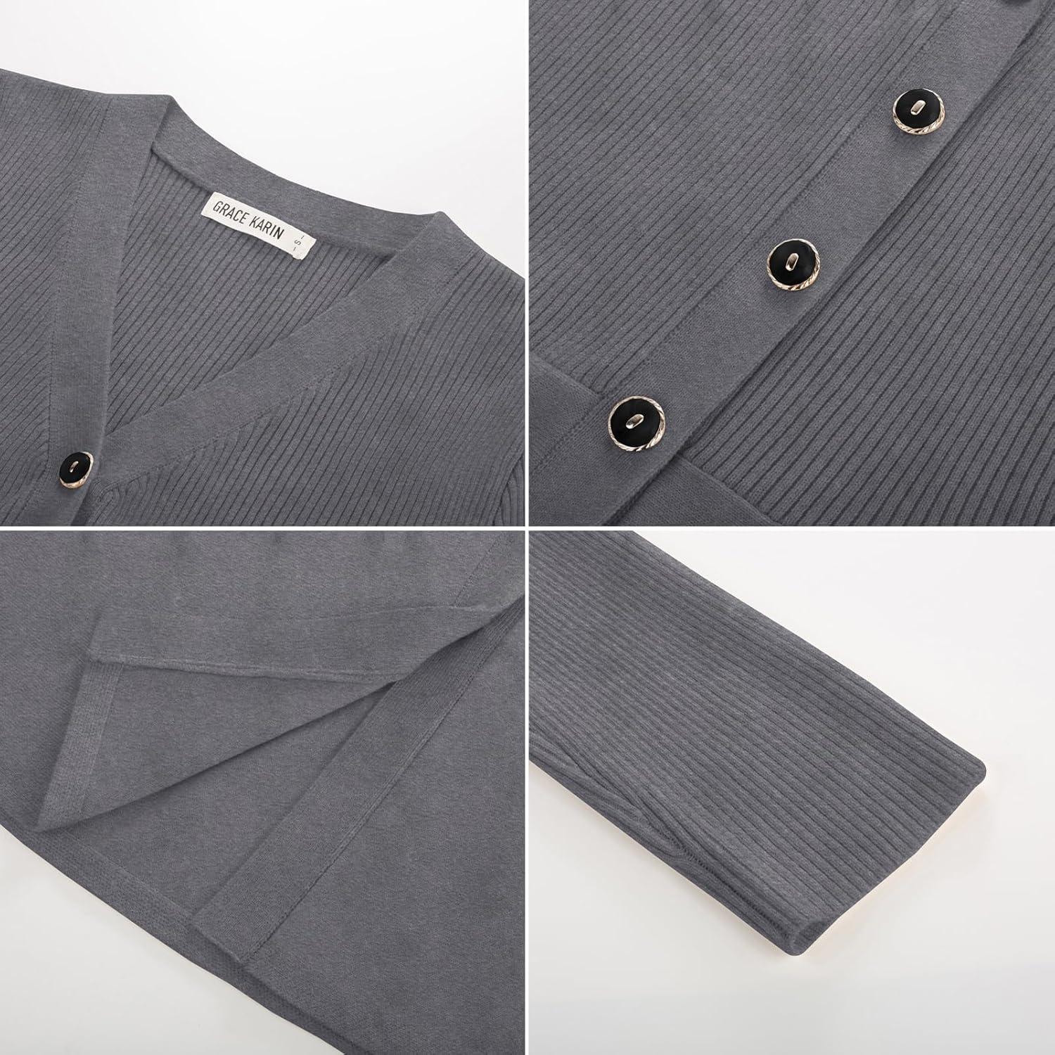 imageGRACE KARIN Long Sleeve Cardigan Sweaters for Women Button Up Knit Blazer Lightweight Business Casual Peplum TopsGrey