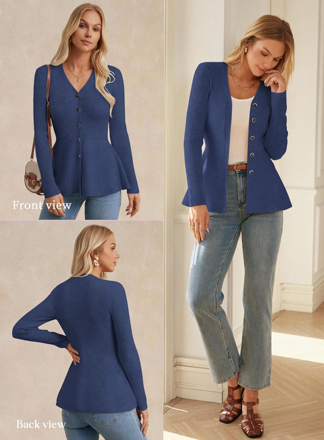 imageGRACE KARIN Long Sleeve Cardigan Sweaters for Women Button Up Knit Blazer Lightweight Business Casual Peplum TopsGrey Blue