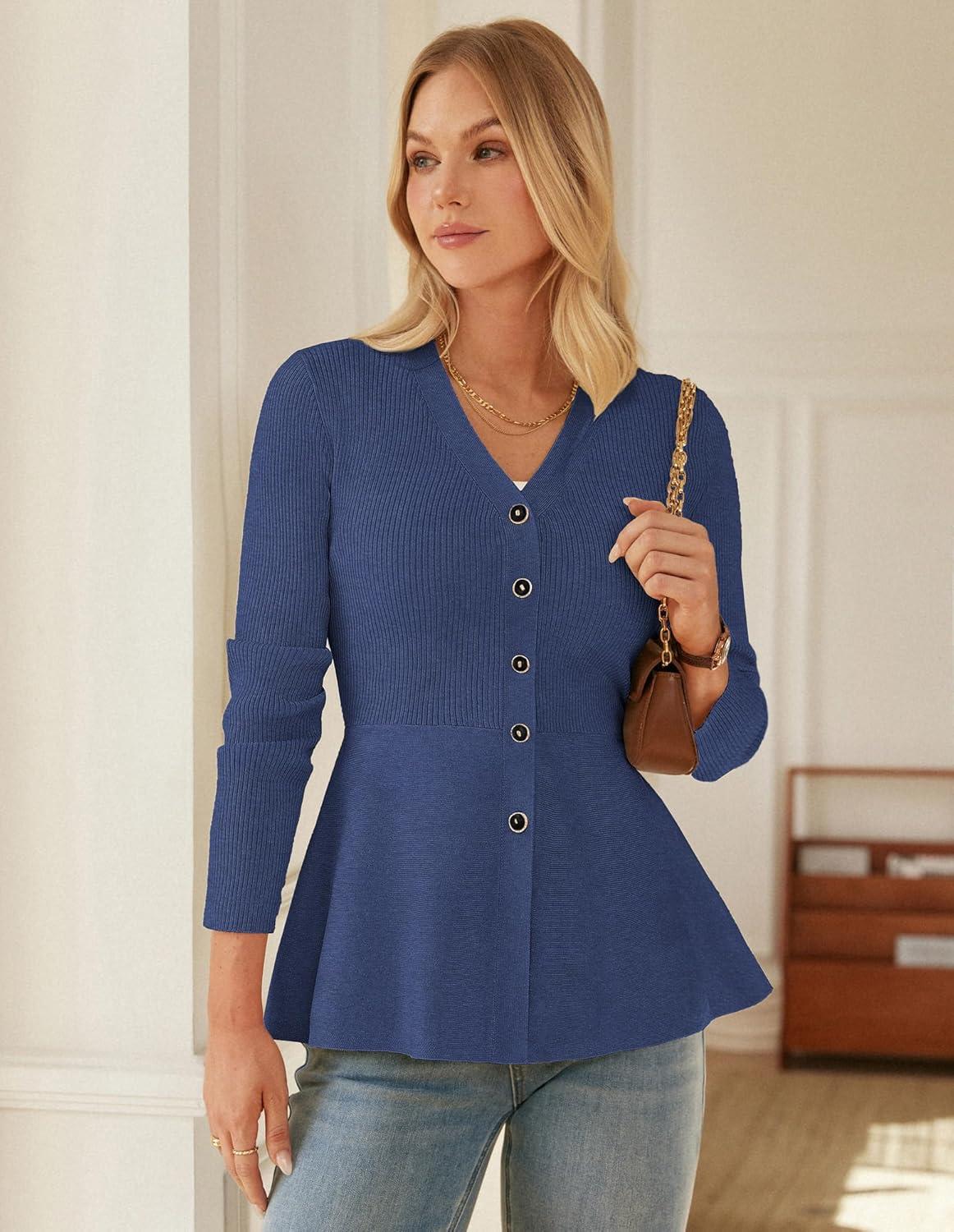 imageGRACE KARIN Long Sleeve Cardigan Sweaters for Women Button Up Knit Blazer Lightweight Business Casual Peplum TopsGrey Blue
