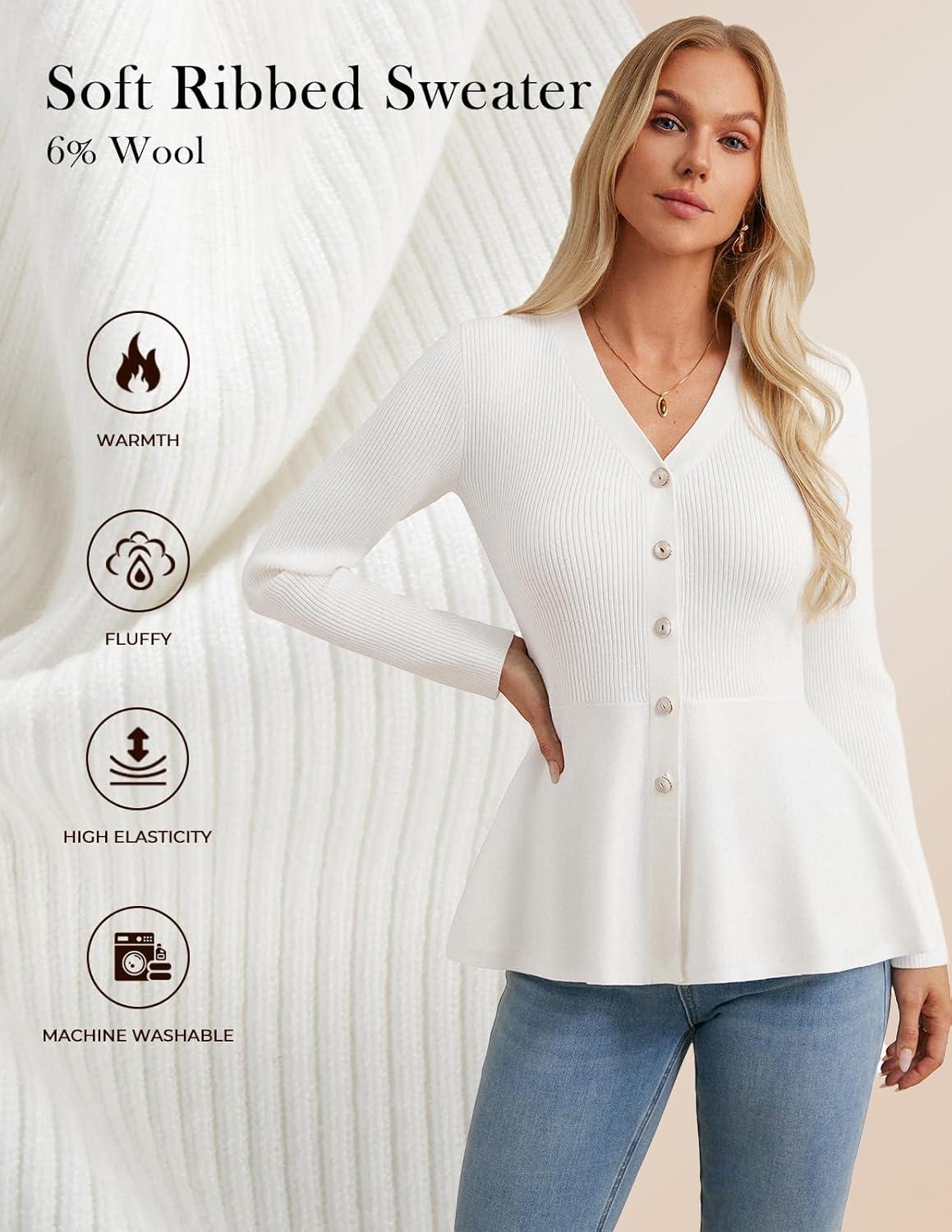 imageGRACE KARIN Long Sleeve Cardigan Sweaters for Women Button Up Knit Blazer Lightweight Business Casual Peplum TopsIvory White