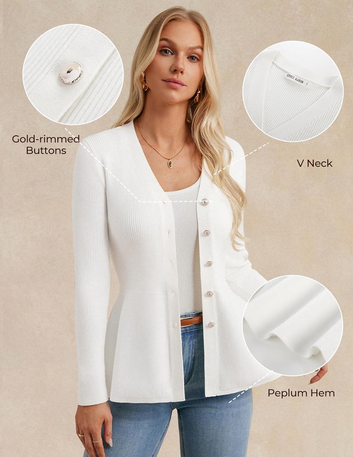 imageGRACE KARIN Long Sleeve Cardigan Sweaters for Women Button Up Knit Blazer Lightweight Business Casual Peplum TopsIvory White
