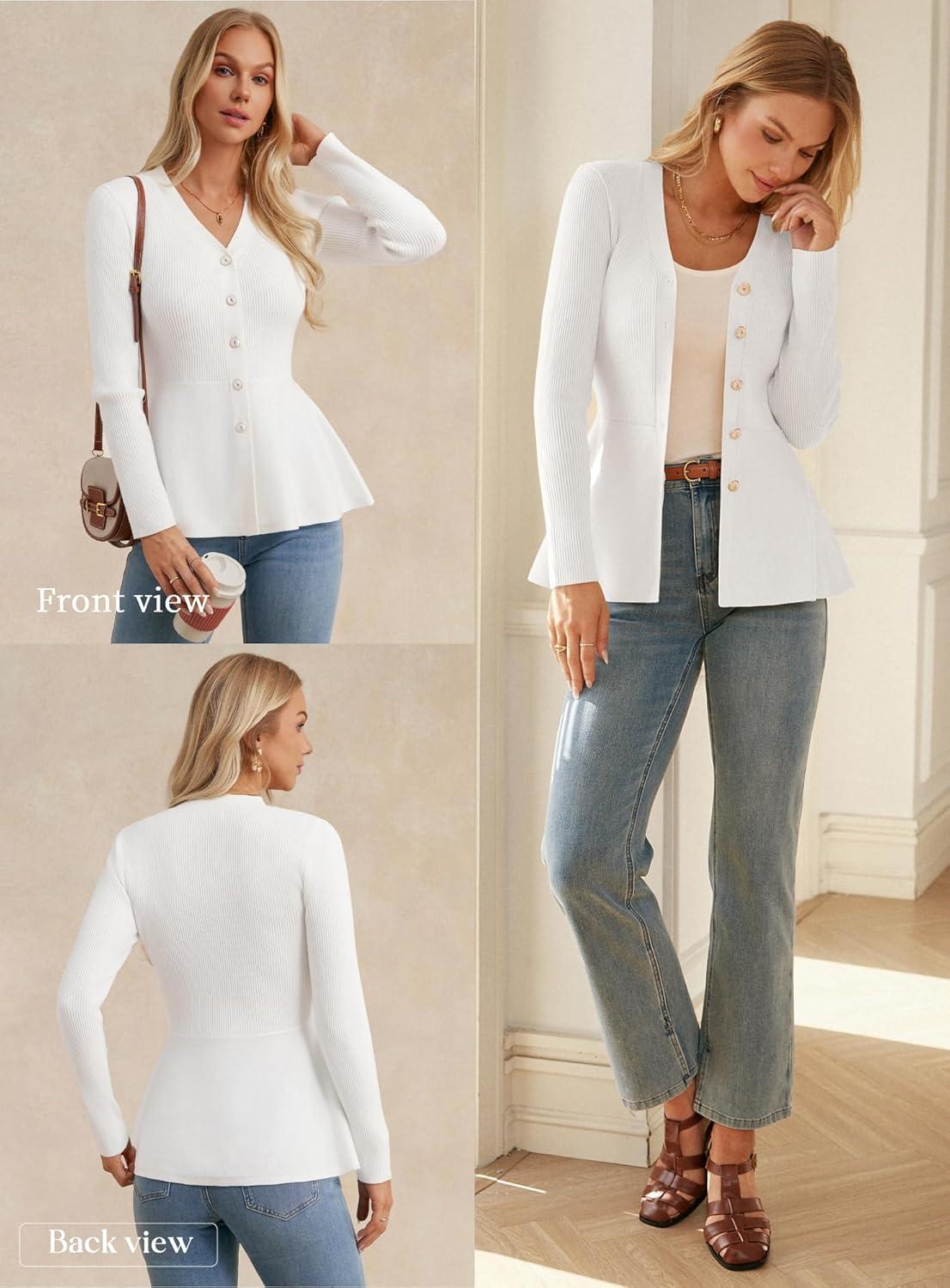 imageGRACE KARIN Long Sleeve Cardigan Sweaters for Women Button Up Knit Blazer Lightweight Business Casual Peplum TopsIvory White
