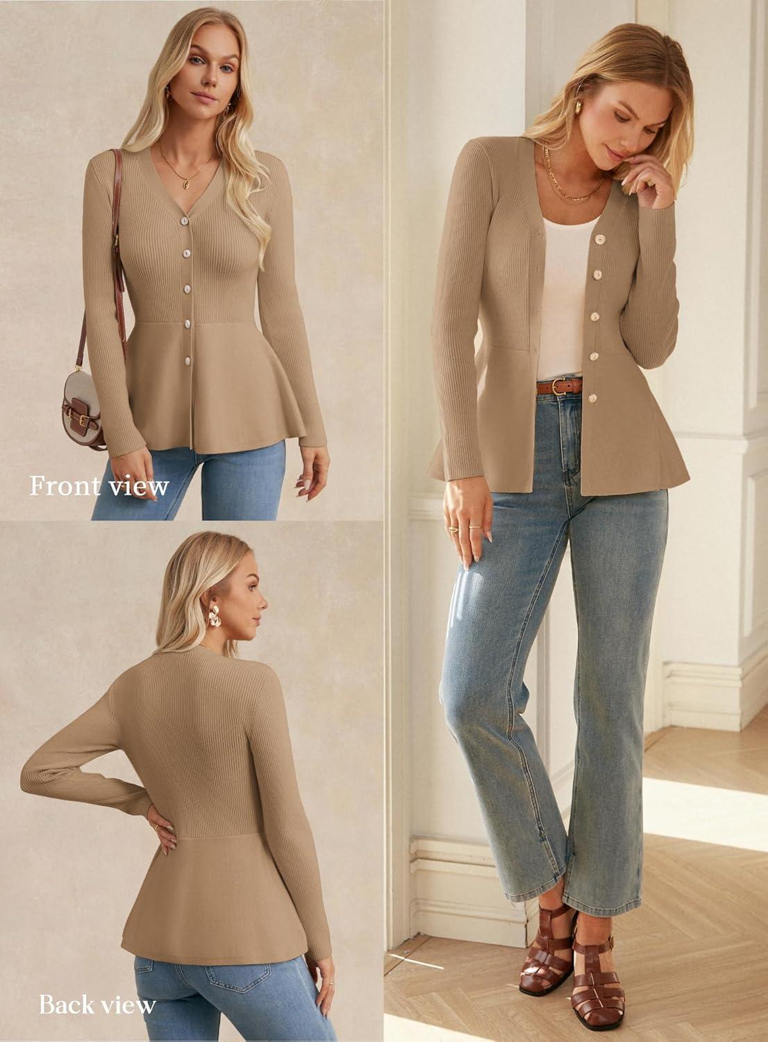 imageGRACE KARIN Long Sleeve Cardigan Sweaters for Women Button Up Knit Blazer Lightweight Business Casual Peplum TopsKhaki