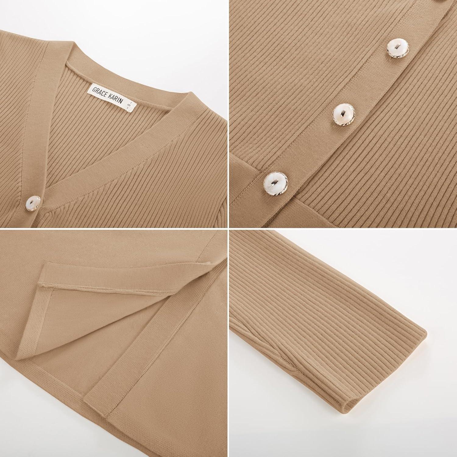 imageGRACE KARIN Long Sleeve Cardigan Sweaters for Women Button Up Knit Blazer Lightweight Business Casual Peplum TopsKhaki