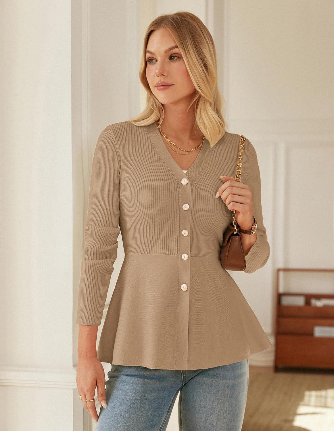 imageGRACE KARIN Long Sleeve Cardigan Sweaters for Women Button Up Knit Blazer Lightweight Business Casual Peplum TopsKhaki