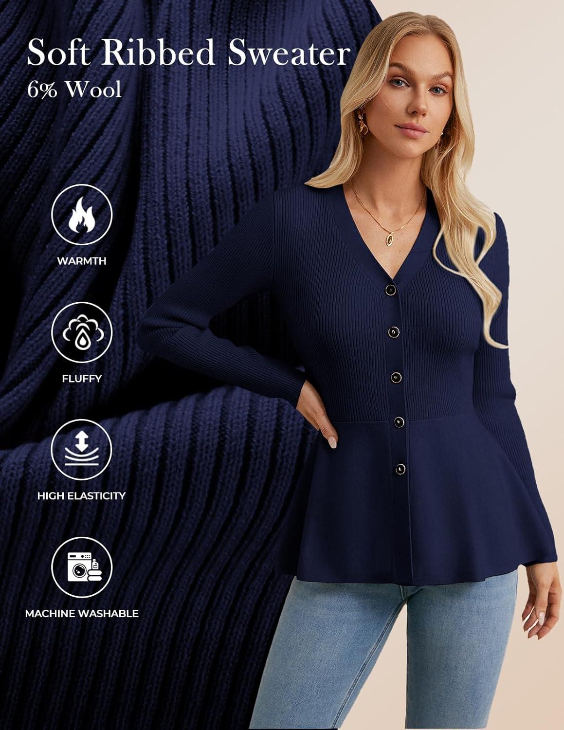 imageGRACE KARIN Long Sleeve Cardigan Sweaters for Women Button Up Knit Blazer Lightweight Business Casual Peplum TopsNavy Blue