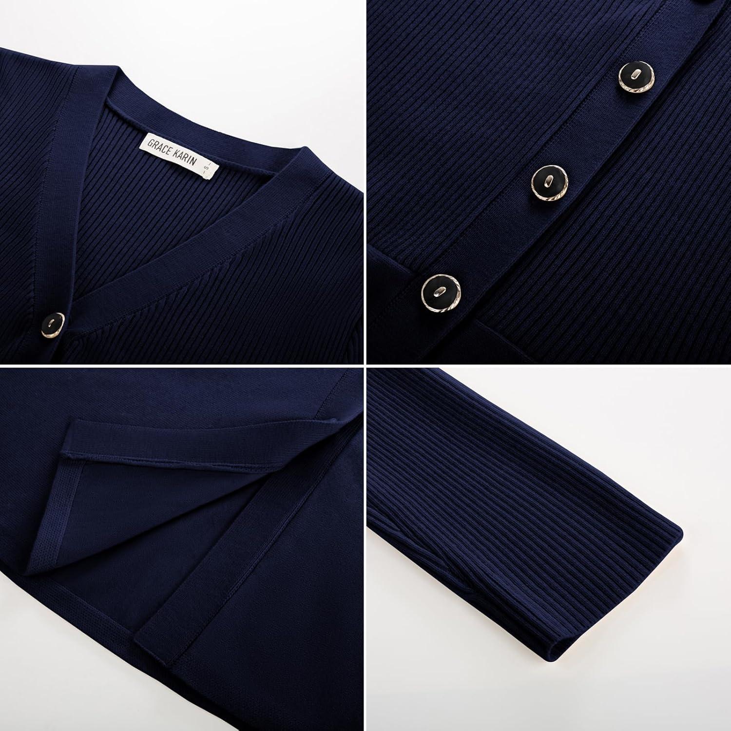 imageGRACE KARIN Long Sleeve Cardigan Sweaters for Women Button Up Knit Blazer Lightweight Business Casual Peplum TopsNavy Blue