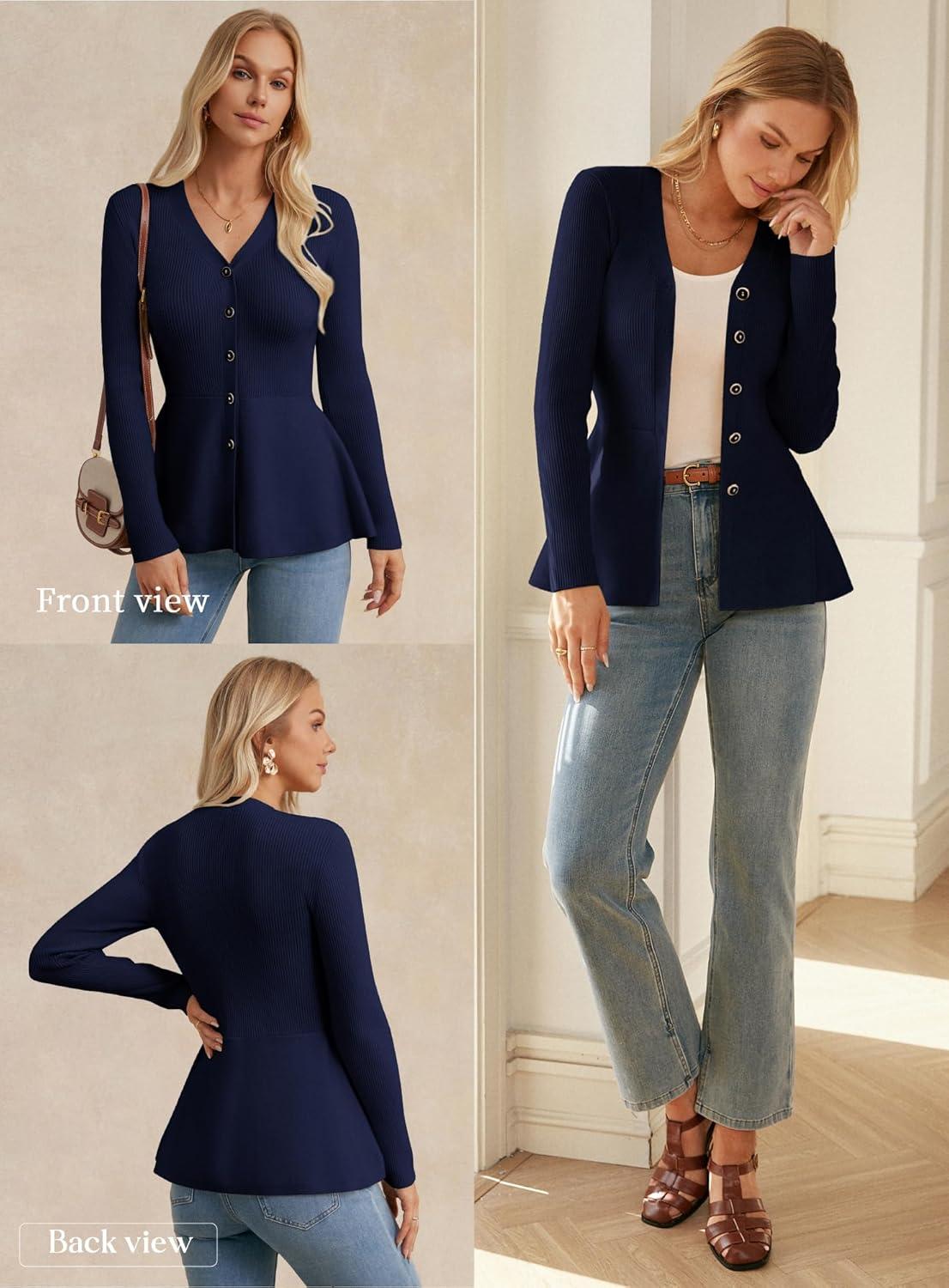 imageGRACE KARIN Long Sleeve Cardigan Sweaters for Women Button Up Knit Blazer Lightweight Business Casual Peplum TopsNavy Blue