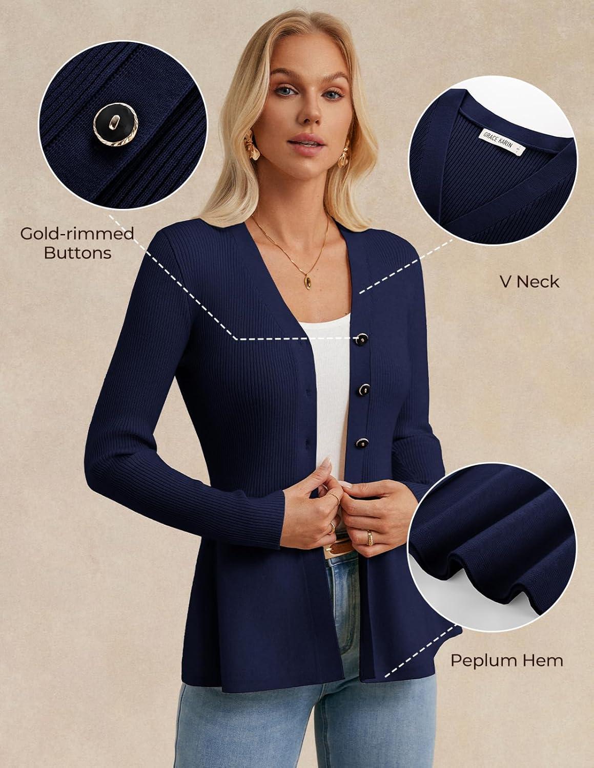 imageGRACE KARIN Long Sleeve Cardigan Sweaters for Women Button Up Knit Blazer Lightweight Business Casual Peplum TopsNavy Blue