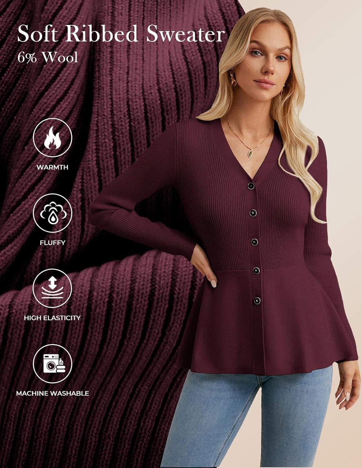 imageGRACE KARIN Long Sleeve Cardigan Sweaters for Women Button Up Knit Blazer Lightweight Business Casual Peplum TopsWine Red