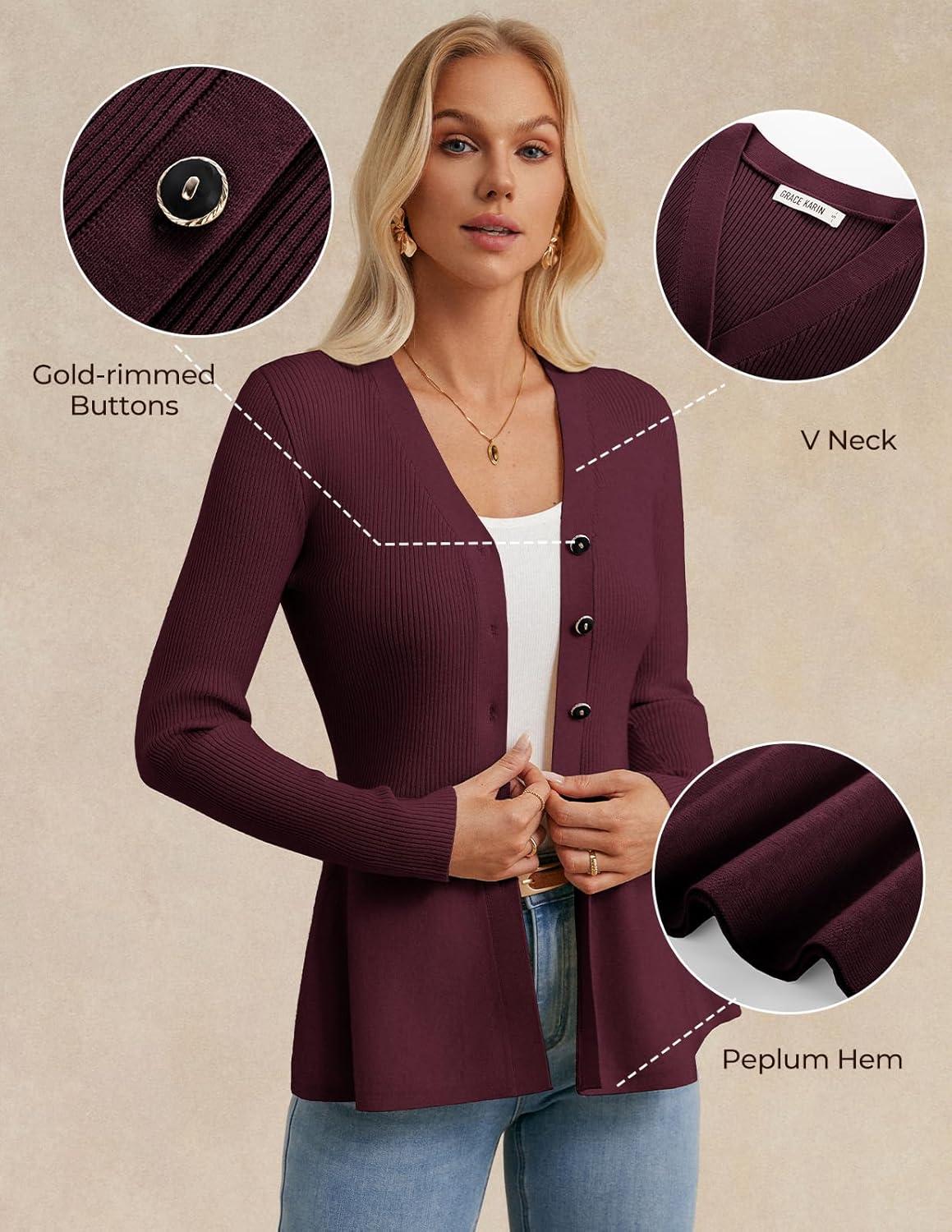 imageGRACE KARIN Long Sleeve Cardigan Sweaters for Women Button Up Knit Blazer Lightweight Business Casual Peplum TopsWine Red