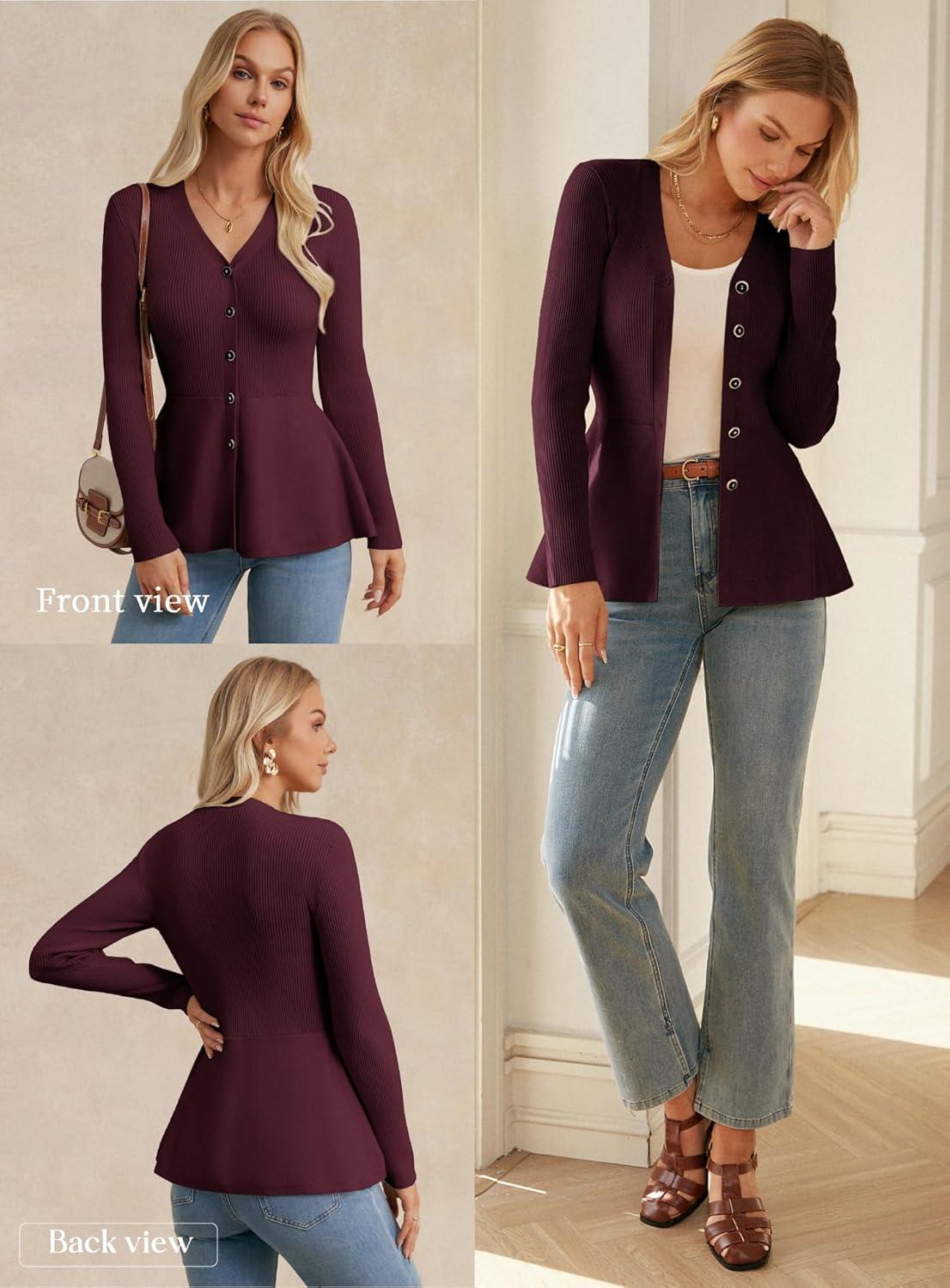 imageGRACE KARIN Long Sleeve Cardigan Sweaters for Women Button Up Knit Blazer Lightweight Business Casual Peplum TopsWine Red