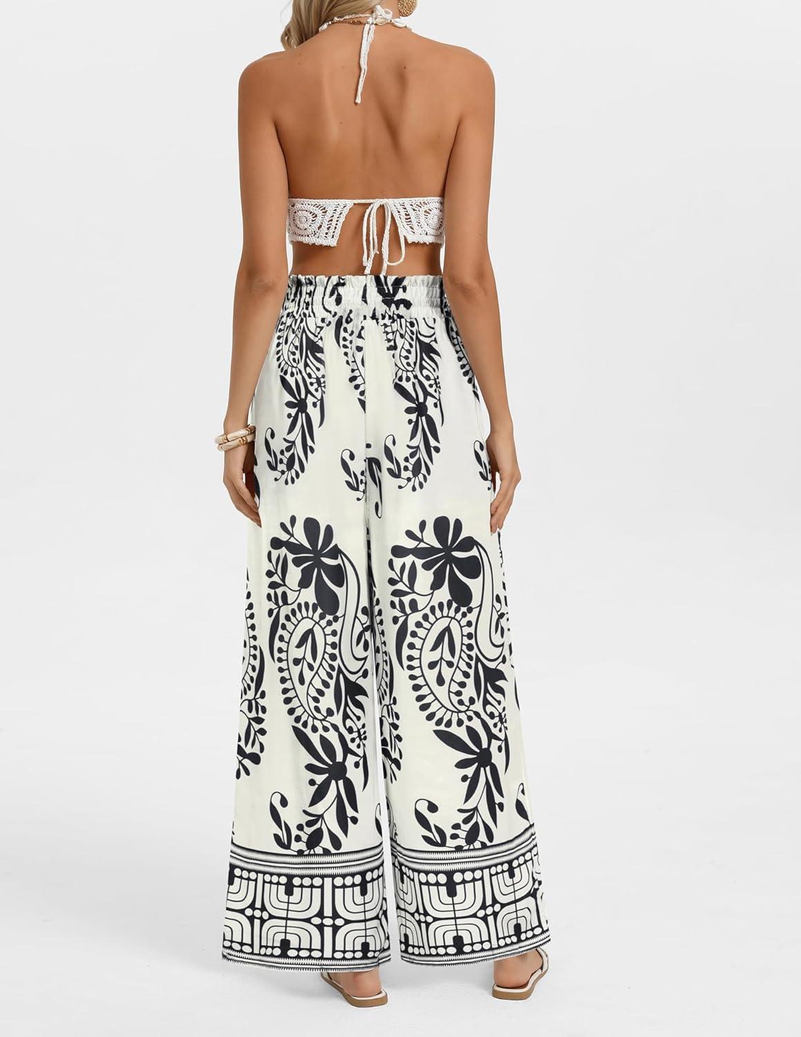 imageGRACE KARIN Palazzo Pants for Women Ruffle Drawstring Flowy Trousers with Pockets Beach Vacation Casual Boho OutfitsBlack White Floral