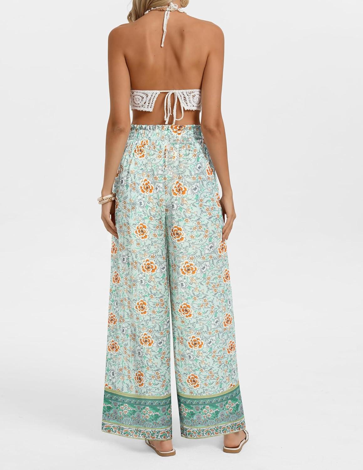 imageGRACE KARIN Palazzo Pants for Women Ruffle Drawstring Flowy Trousers with Pockets Beach Vacation Casual Boho OutfitsGreen Floral
