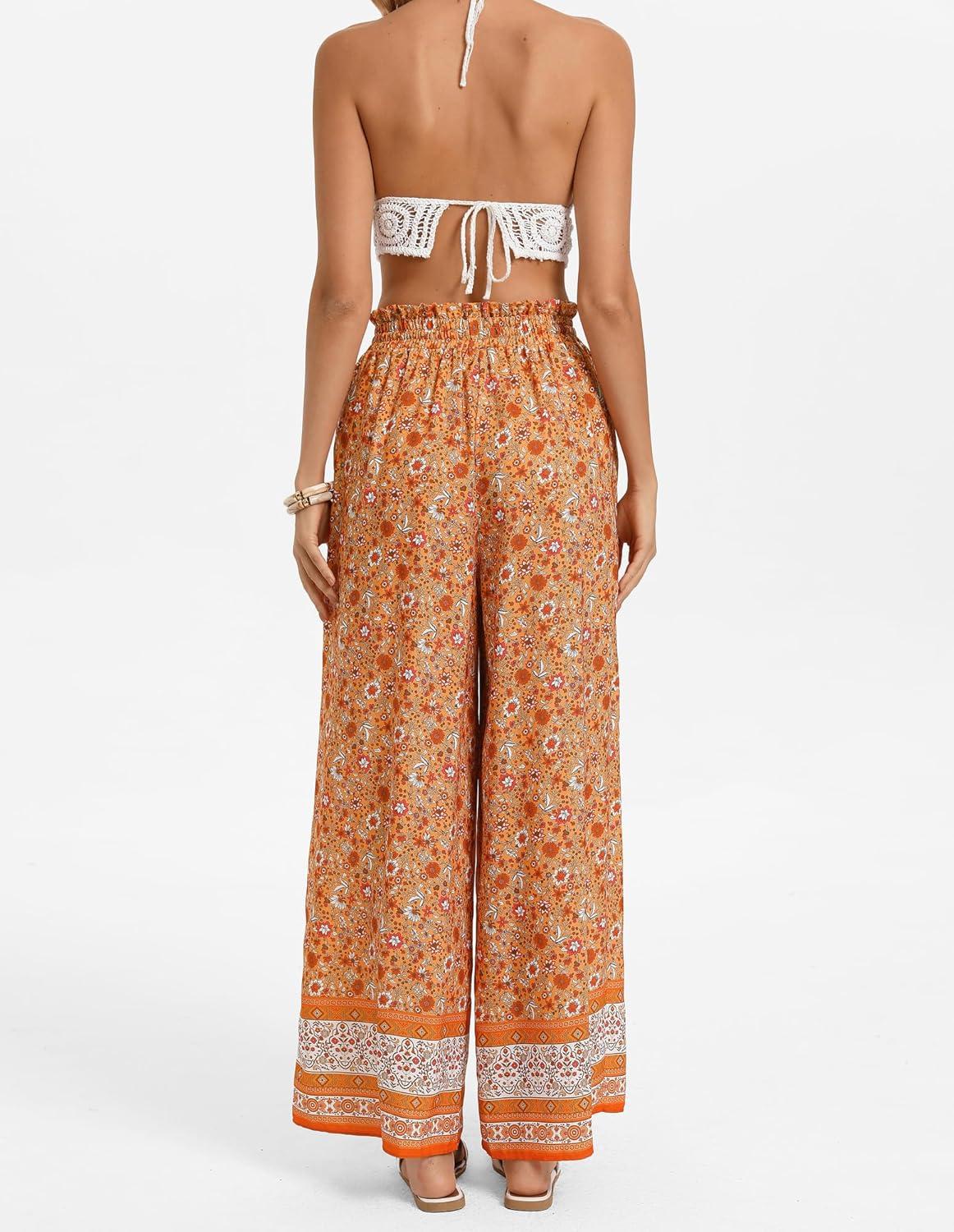 imageGRACE KARIN Palazzo Pants for Women Ruffle Drawstring Flowy Trousers with Pockets Beach Vacation Casual Boho OutfitsOrange Floral