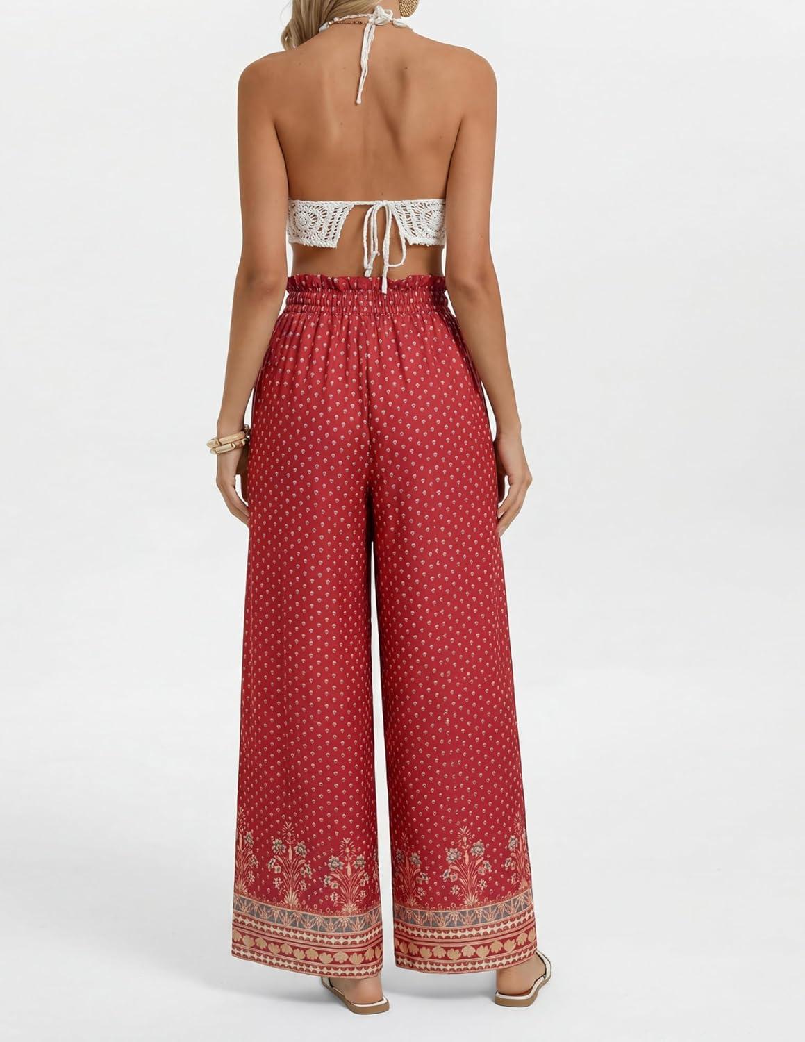imageGRACE KARIN Palazzo Pants for Women Ruffle Drawstring Flowy Trousers with Pockets Beach Vacation Casual Boho OutfitsRed Bohemian