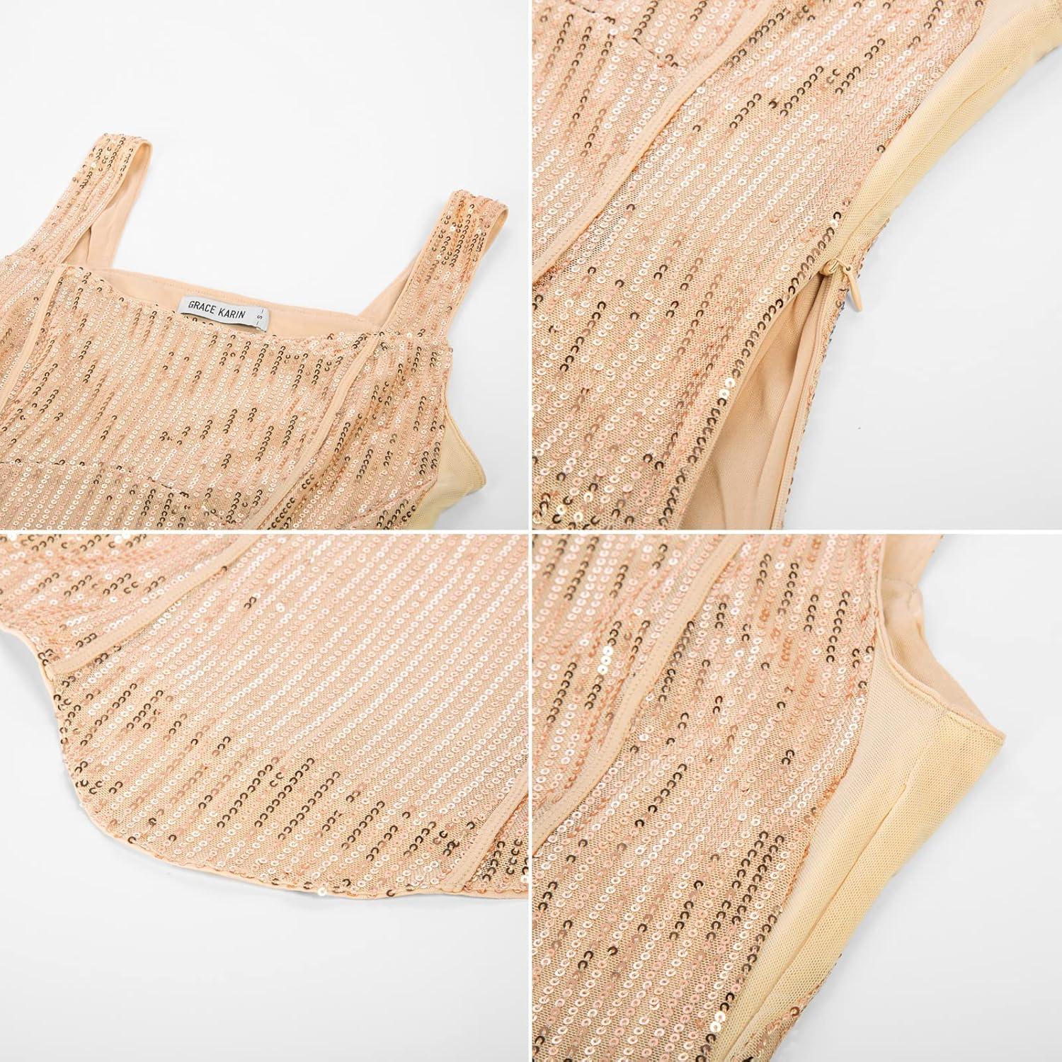 imageGRACE KARIN Sequin Tank Tops for Women Bustier Corset Top Sparkle Sexy Slim Camisole Sleeveless PartyChampagne