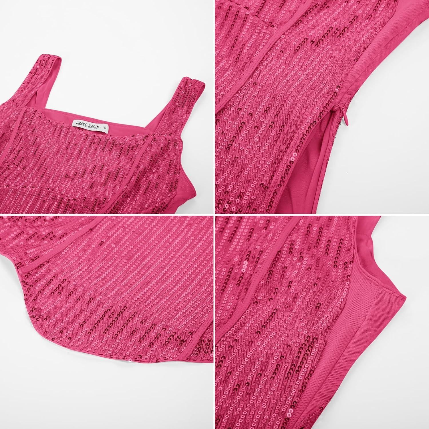 imageGRACE KARIN Sequin Tank Tops for Women Bustier Corset Top Sparkle Sexy Slim Camisole Sleeveless PartyRose Red