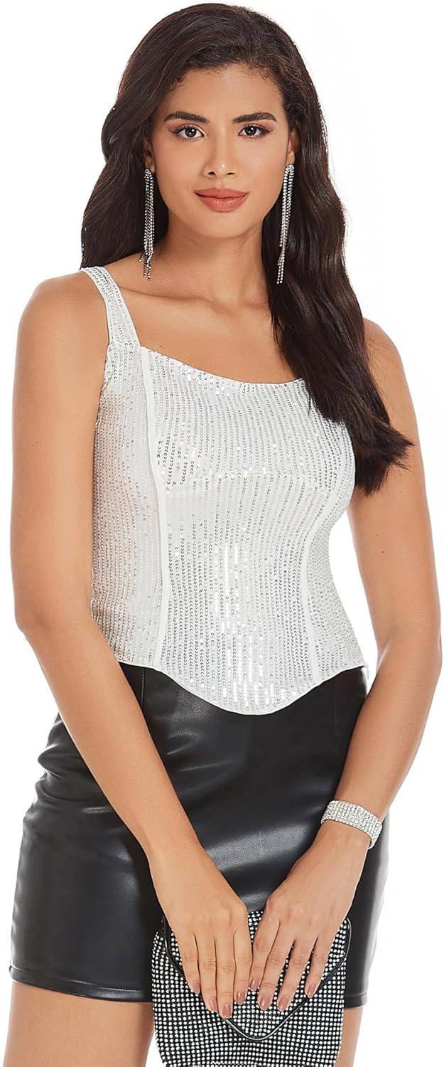 imageGRACE KARIN Sequin Tank Tops for Women Bustier Corset Top Sparkle Sexy Slim Camisole Sleeveless PartySilver White
