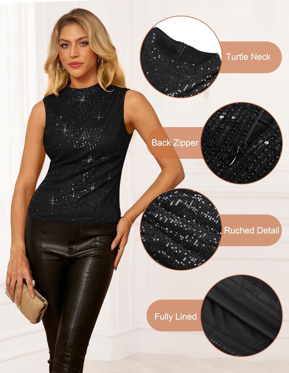imageGRACE KARIN Sequin Tank Tops for Women Sparkly Party Shirts Glitter Sleeveless Cami Crop Vest Shimmer Club TopBlack