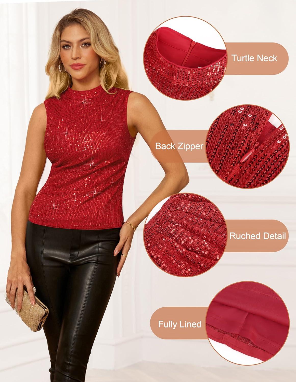 imageGRACE KARIN Sequin Tank Tops for Women Sparkly Party Shirts Glitter Sleeveless Cami Crop Vest Shimmer Club TopRed
