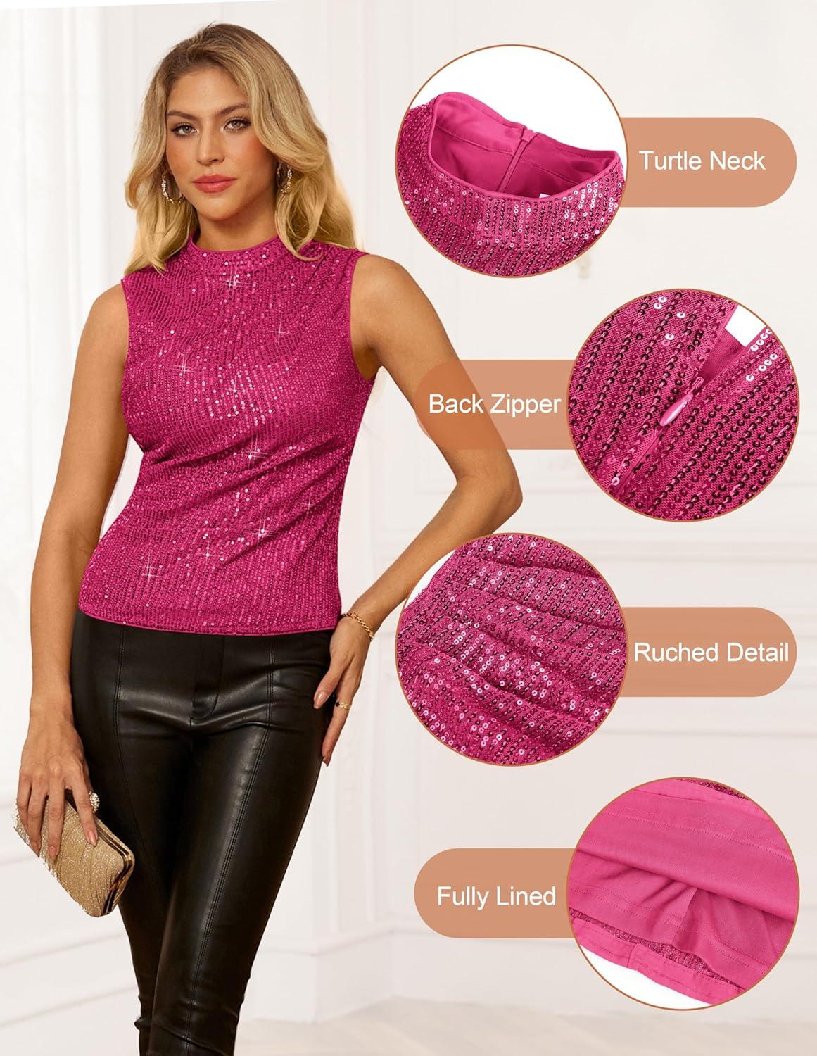 imageGRACE KARIN Sequin Tank Tops for Women Sparkly Party Shirts Glitter Sleeveless Cami Crop Vest Shimmer Club TopRose Red