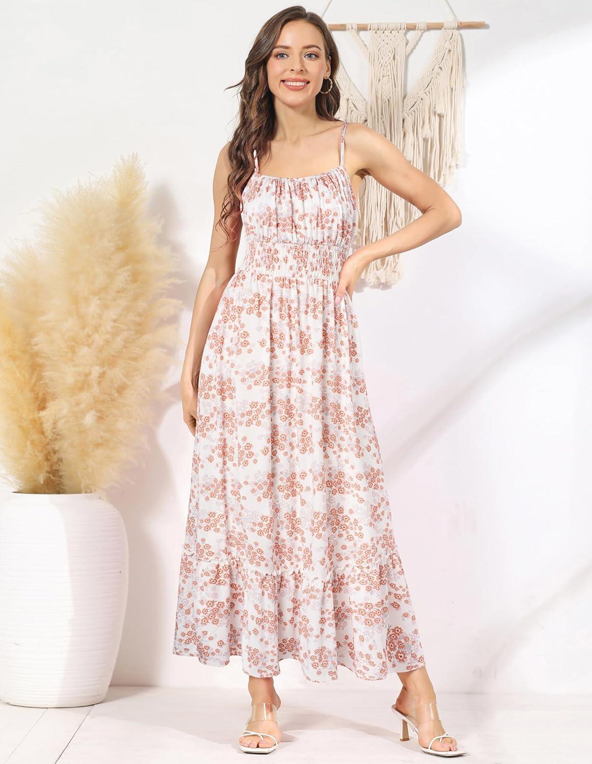 imageGRACE KARIN Summer Dresses for Women 2026 Vacation Smocked Floral Maxi Dresses Boho Beach Long Sundresses with PocketsBeige Floral