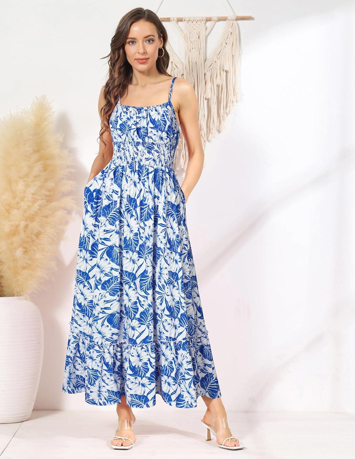 imageGRACE KARIN Summer Dresses for Women 2026 Vacation Smocked Floral Maxi Dresses Boho Beach Long Sundresses with PocketsBlue Leaves