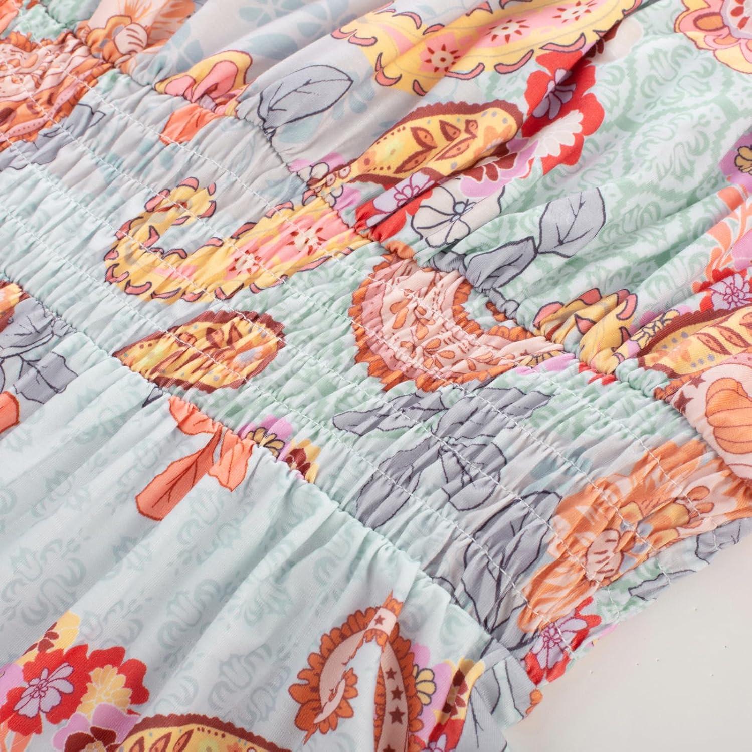 imageGRACE KARIN Summer Dresses for Women 2026 Vacation Smocked Floral Maxi Dresses Boho Beach Long Sundresses with PocketsBlue Paisley Floral