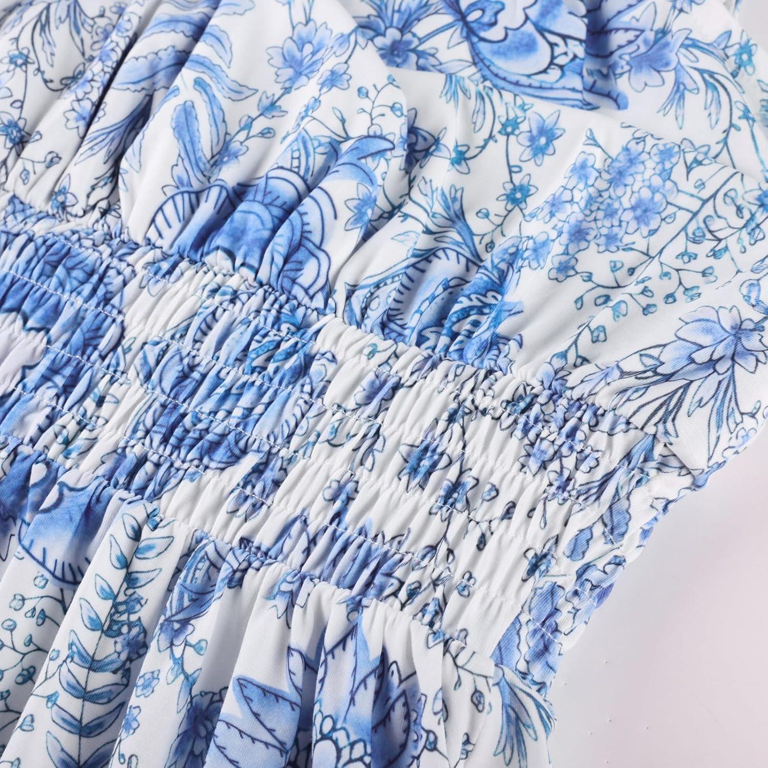 imageGRACE KARIN Summer Dresses for Women 2026 Vacation Smocked Floral Maxi Dresses Boho Beach Long Sundresses with PocketsBlue White