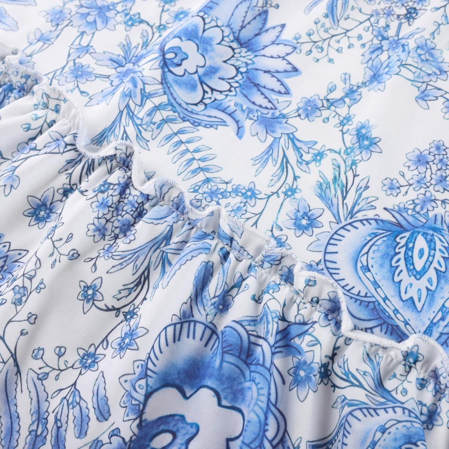 imageGRACE KARIN Summer Dresses for Women 2026 Vacation Smocked Floral Maxi Dresses Boho Beach Long Sundresses with PocketsBlue White