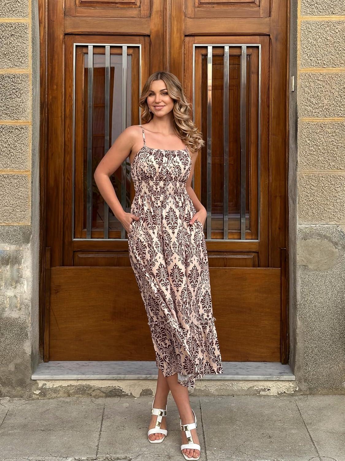 imageGRACE KARIN Summer Dresses for Women 2026 Vacation Smocked Floral Maxi Dresses Boho Beach Long Sundresses with PocketsBrown Floral