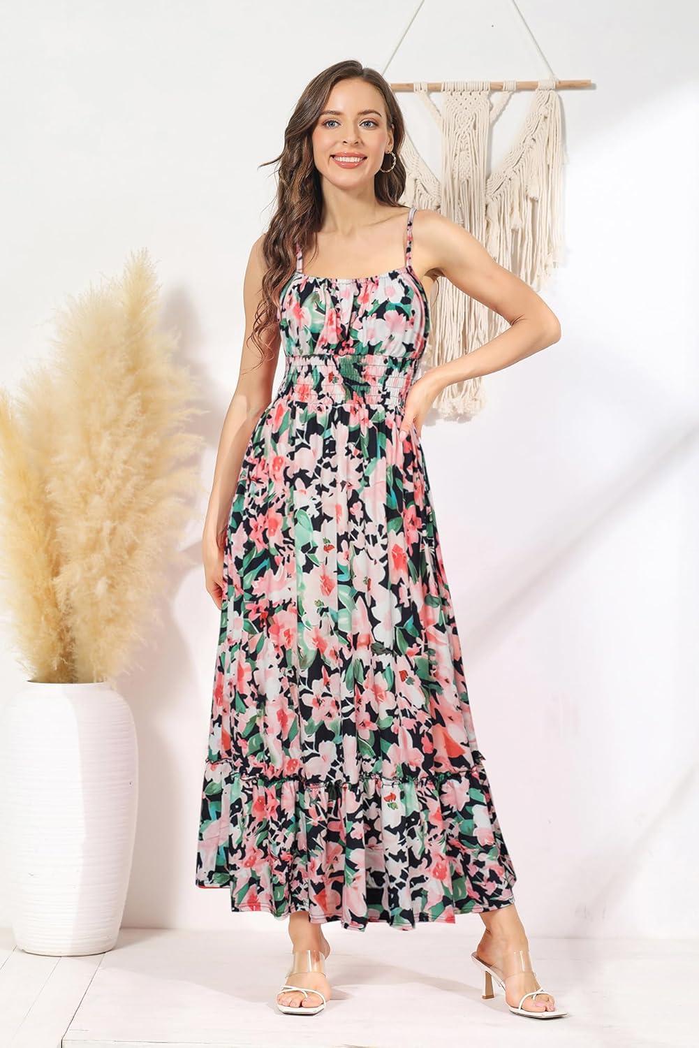 imageGRACE KARIN Summer Dresses for Women 2026 Vacation Smocked Floral Maxi Dresses Boho Beach Long Sundresses with PocketsGreen Black Floral